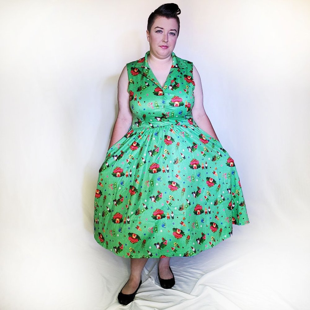Lindy Bop Gnome Mushroom Flamingo Green Dress
